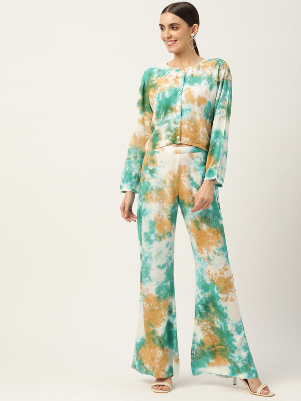 Women's Green Beige Tie Dyed Co-Ords