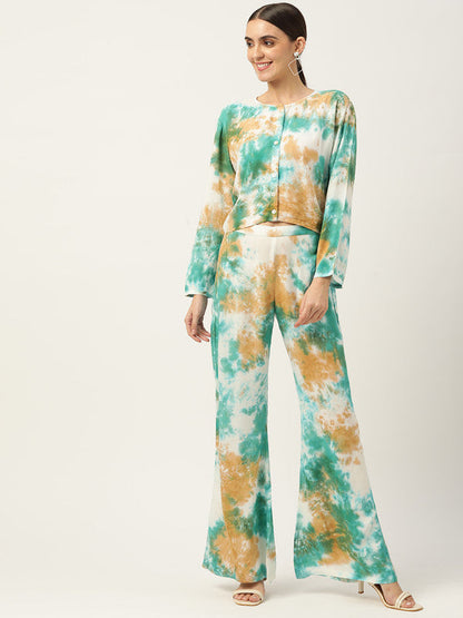 Women's Green Beige Tie Dyed Co-Ords