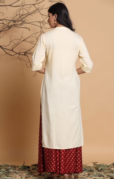 Women's Ivory Rayon Printed Straight Kurta With Mask