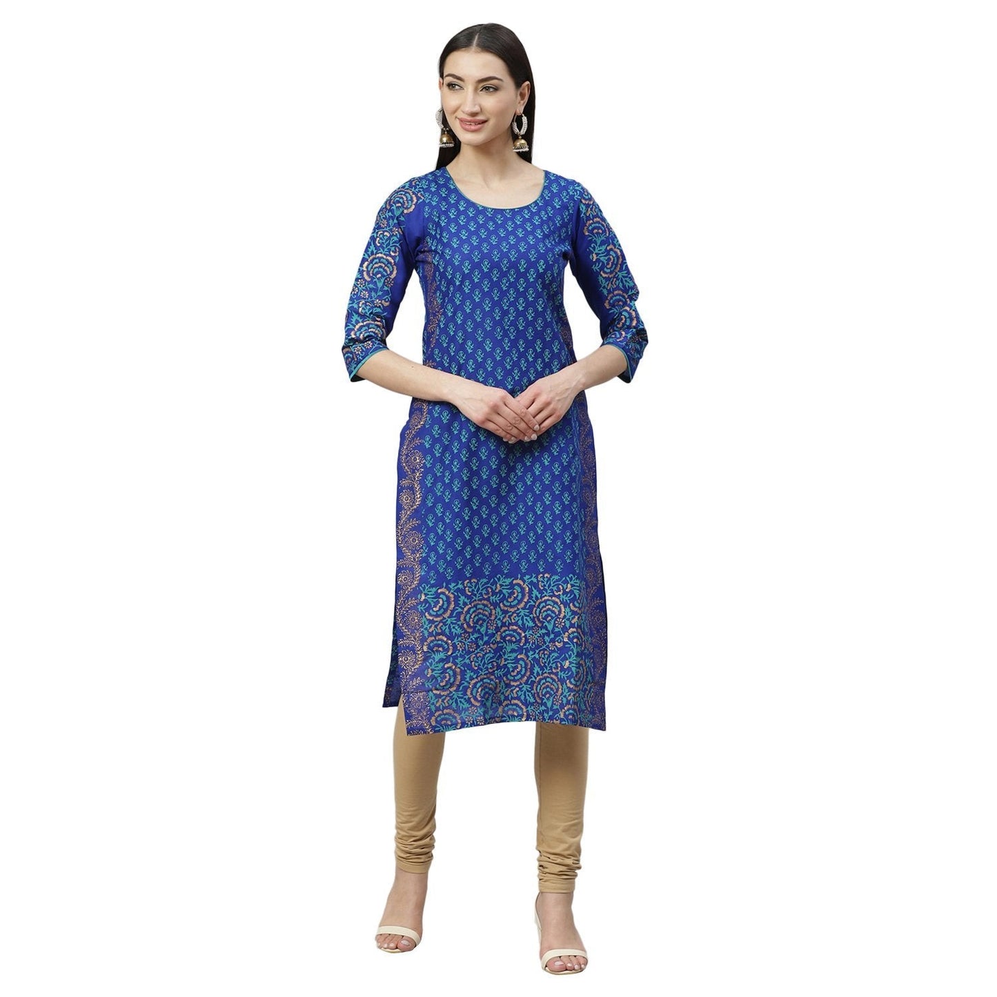 Women's Green Rayon Printed Balloon Sleeve Off Shoulder Neck Casual Kurta Only