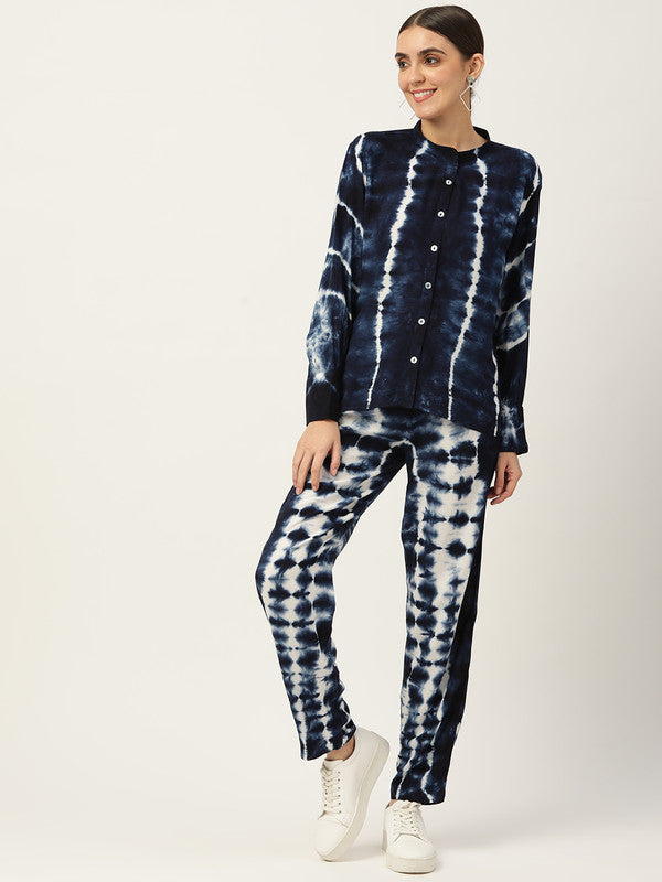 Women's Navy Blue White Tie Dyed Co-Ords