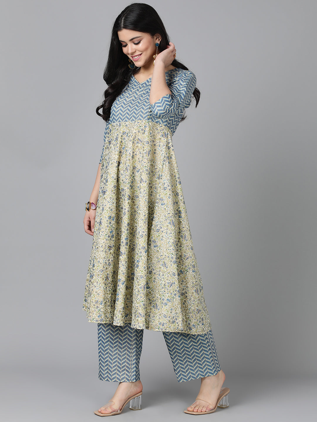 Women's Grey Printed Kurta Palazzo With Dupatta