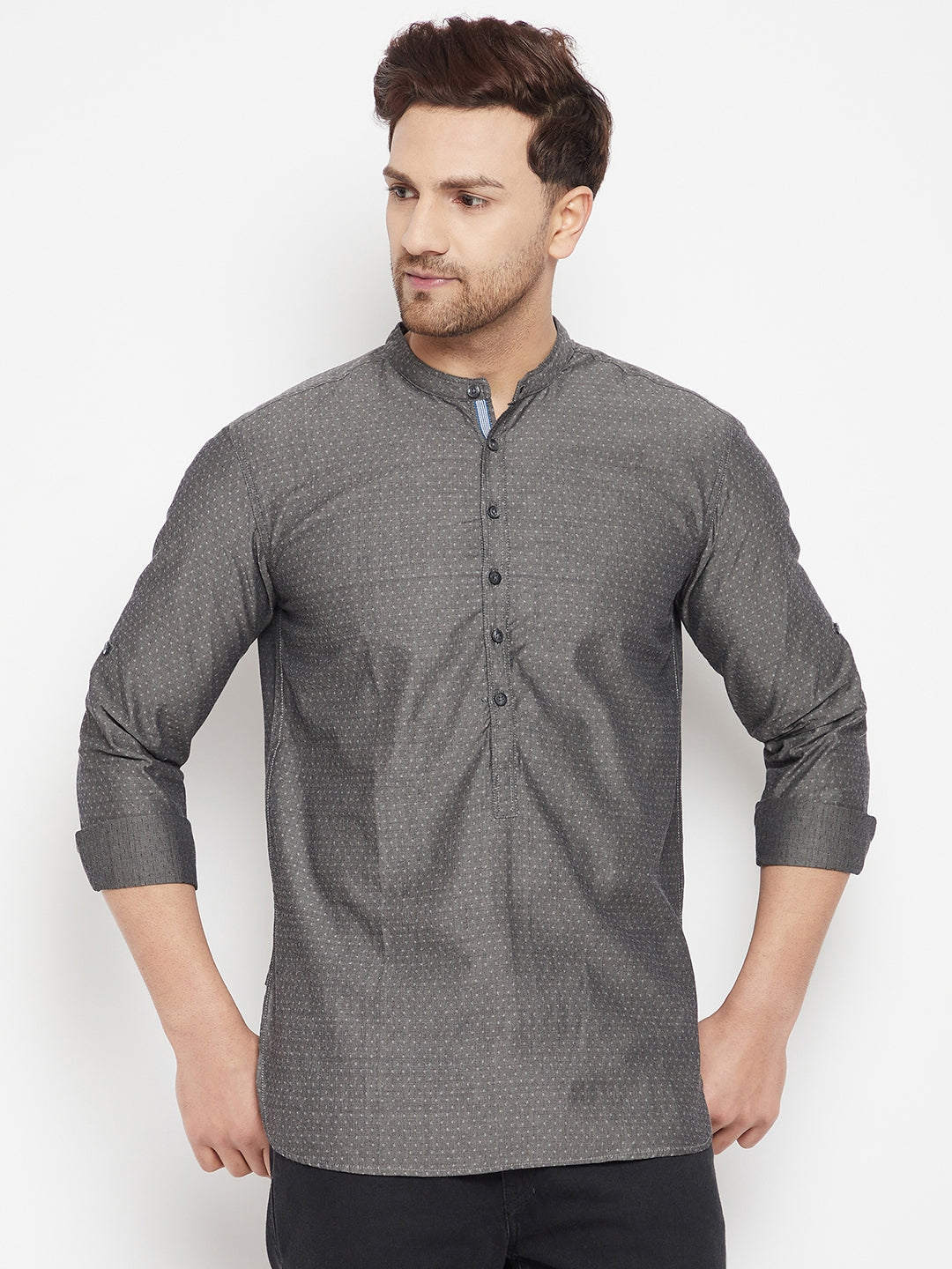 Men's Grey Color Short Kurta with Band Collar
