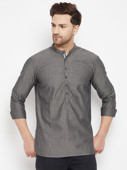 Men's Grey Color Short Kurta with Band Collar
