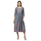 Women's Grey Cotton Printed 3/4 Sleeve Round Neck Casual Dress