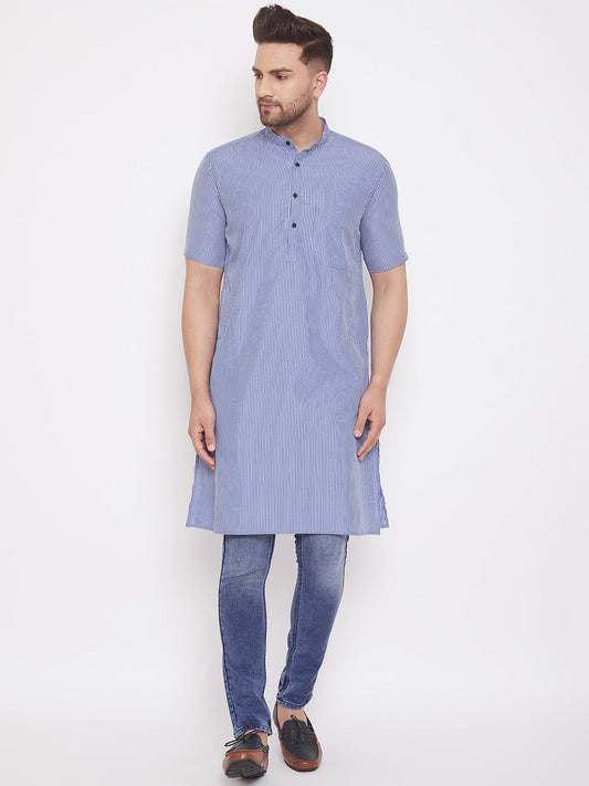 Men's Striped Blue Cotton Kurta