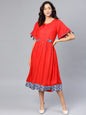 Women's Red Cotton Solid Ballon Sleeve Round Neck Dress