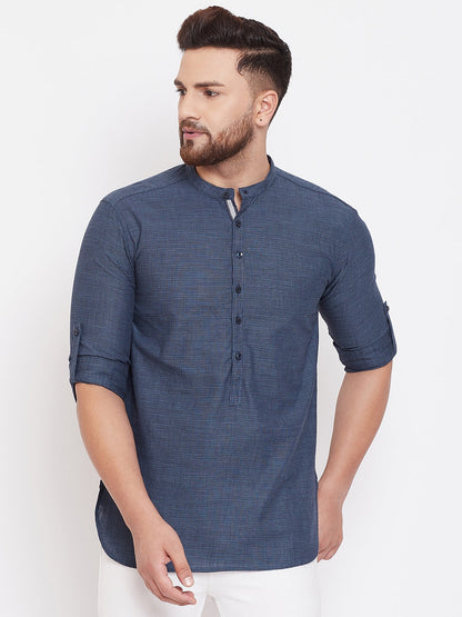 Men's Woven Design Navy Blue Shirt Kurta