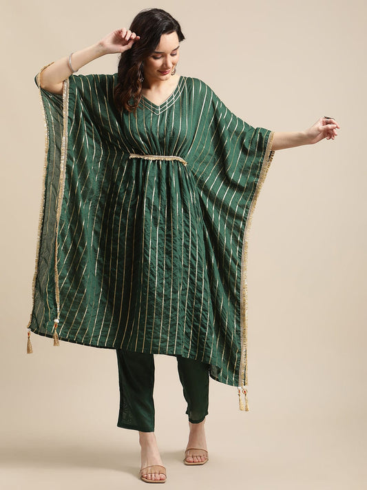 Women's Green Gold Lurex Striped Kurta Kaftan With Straight Trouser