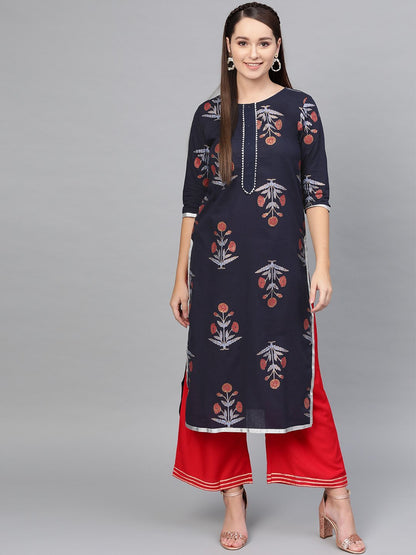 Women's Multi Cotton Printed Half Sleeve Round Neck Casual Kurta Palazzo Set
