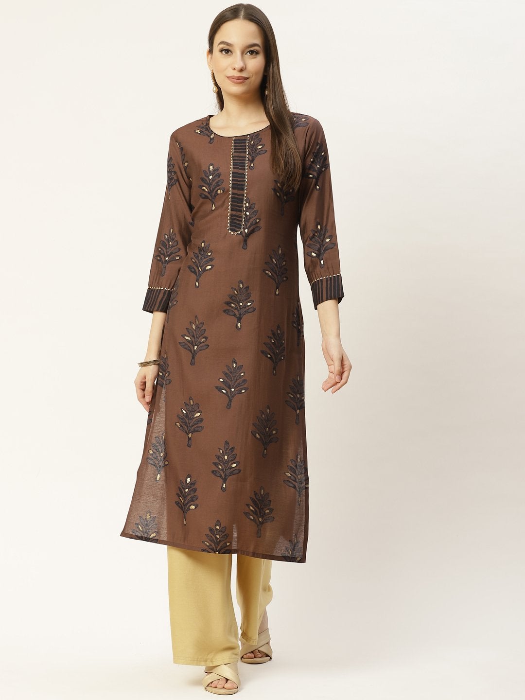 Women's Brown & Black Floral Printed Kurta (1pc)
