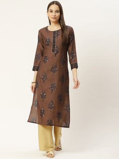 Women's Brown & Black Floral Printed Kurta (1pc)