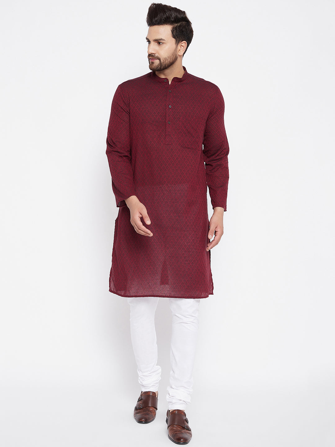 Men's Cotton Maroon Straight  Kurta