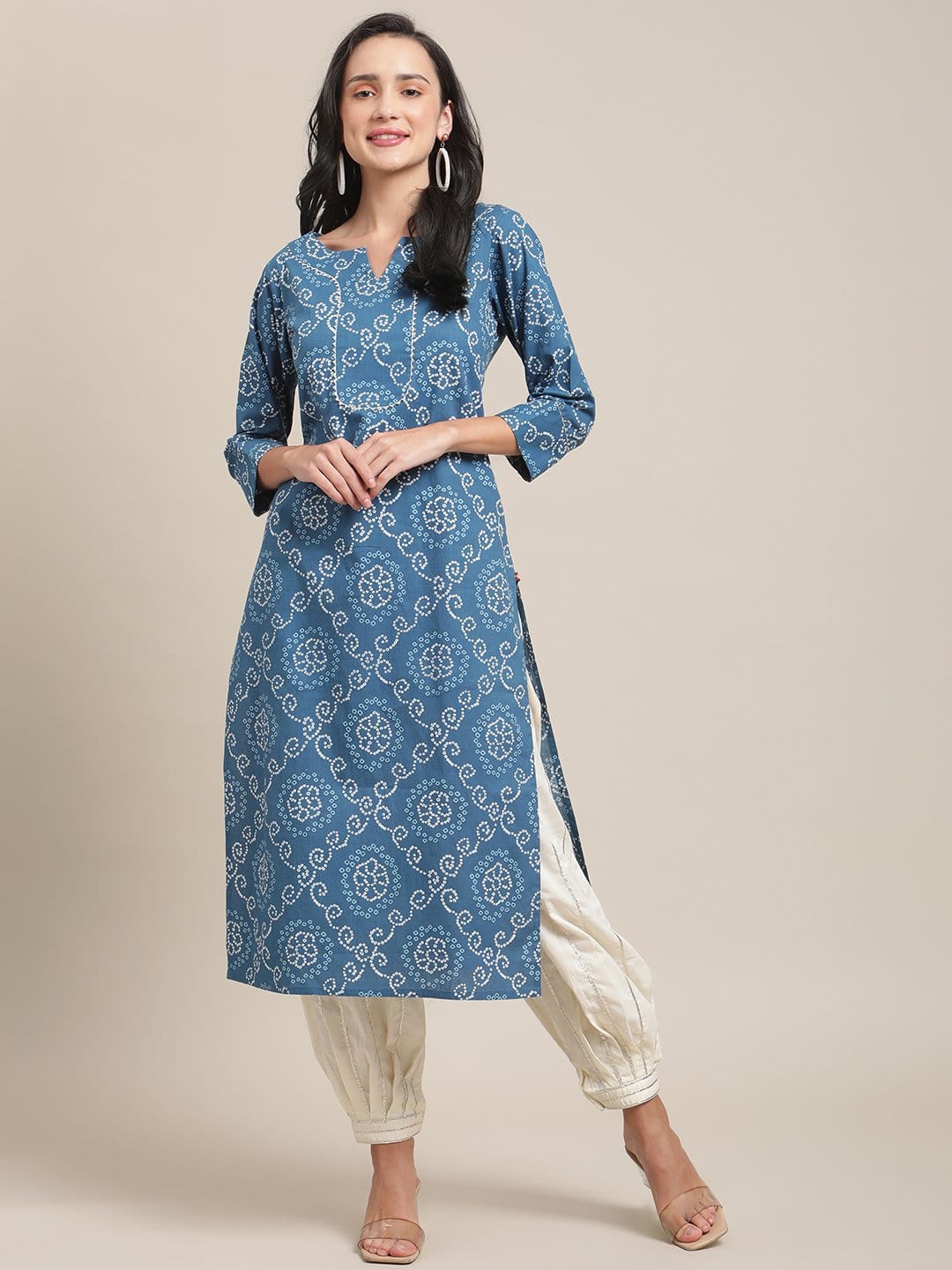Women's KSUT Blue And White Bandhej Printed Kurta With 3/4Th Sleeves