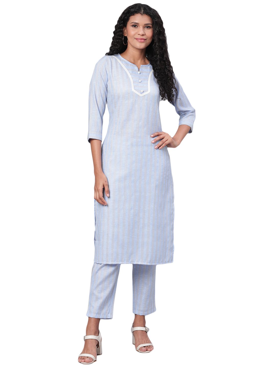 Women's Blue Printed 3/4 Sleeve Cotton Maidran Coller Kurta & Palazzo Set