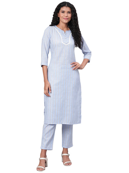 Women's Blue Printed 3/4 Sleeve Cotton Maidran Coller Kurta & Palazzo Set