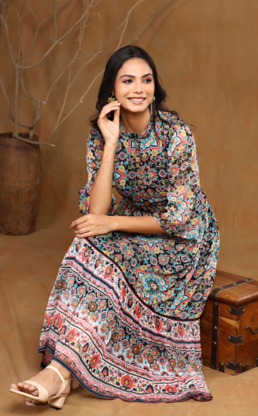 Women's Black Chiffon Printed Tiered Dress