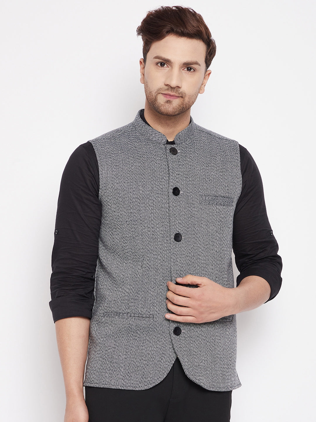 Men's Grey Color Woven Nehru Jacket