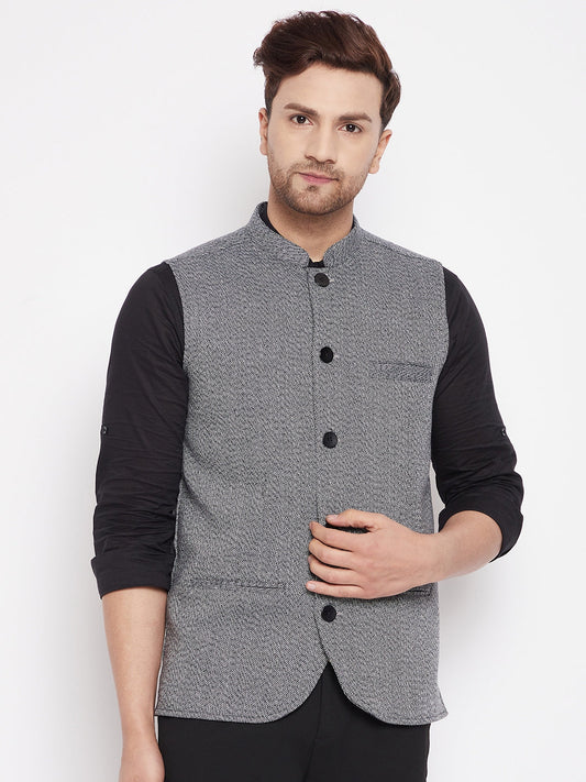 Men's Grey Color Woven Nehru Jacket
