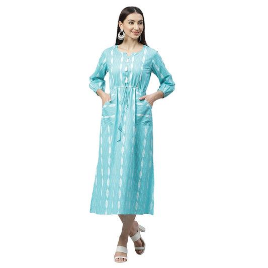 Women's Blue Cotton Printed 3/4 Sleeve Round Neck Casual Dress