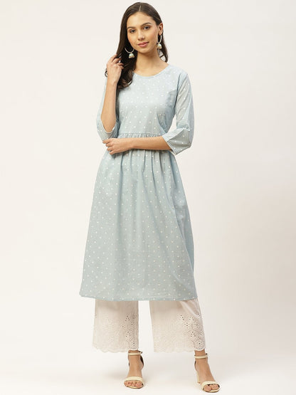 Women's Blue & White Polka Dot Hand Printed A-Line Pleated Cotton Kurta with Palazzos