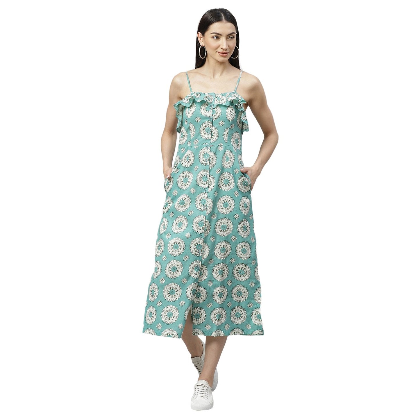 Women's Blue Cotton Printed Sleeveless Srep Neck Casual Dress