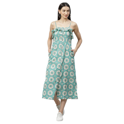 Women's Blue Cotton Printed Sleeveless Srep Neck Casual Dress