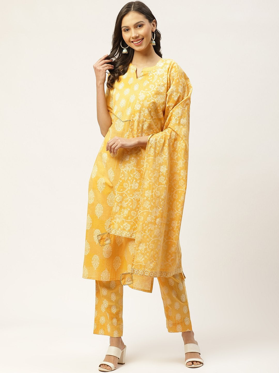 Women's Yellow & White Ethnic Hand Printed Cotton Kurta with Trousers & Dupatta