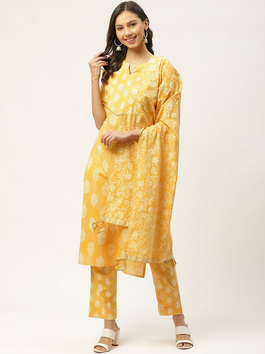 Women's Yellow & White Ethnic Hand Printed Cotton Kurta with Trousers & Dupatta
