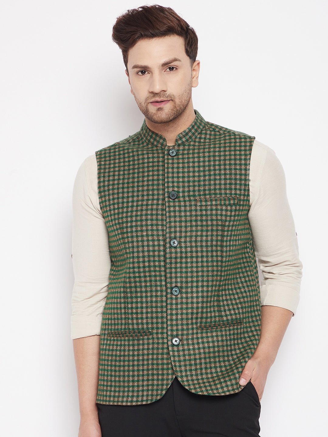 Men's Green Color Woven Nehru Jacket