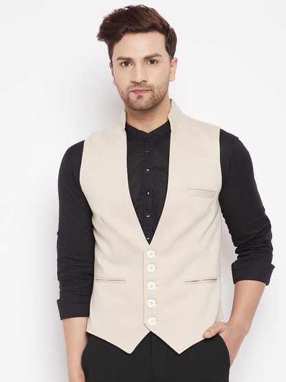 Men's Cream Color Woven Nehru Jacket