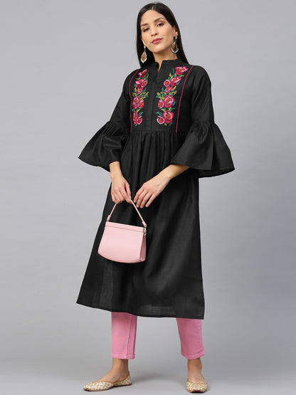 Women's Black & Pink Floral Embroidered Yoke Design Straight Kurta