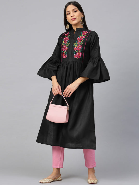 Women's Black & Pink Floral Embroidered Yoke Design Straight Kurta