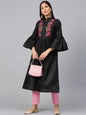 Women's Black & Pink Floral Embroidered Yoke Design Straight Kurta