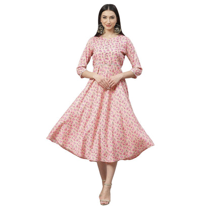Women's Multicolor Polyster Printed 3/4 Sleeve Round Neck Casual Dress