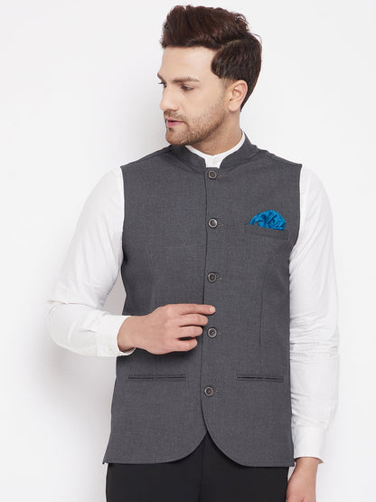 Men's Grey Color Nehru Jacket-Contrast Lining-Free Pocket Square