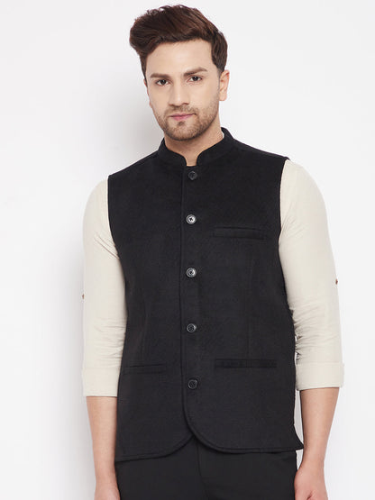 Men's Black Color Woven Nehru Jacket