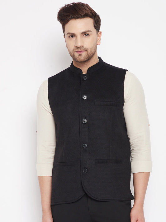 Men's Black Color Woven Nehru Jacket
