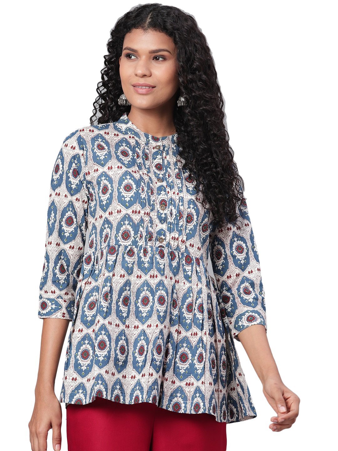Women's Multi Printed 3/4 Sleeve Coller Neck Cotton Casual Top