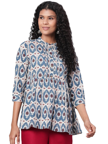 Women's Multi Printed 3/4 Sleeve Coller Neck Cotton Casual Top