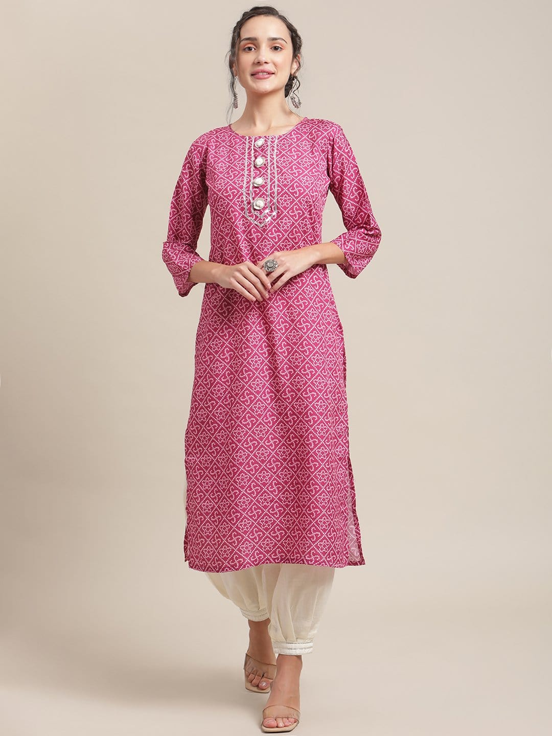 Women's KSUT Wine And White Gota Embelllished Yoke With 3/4Th Sleeves