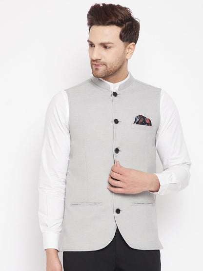 Men's Grey Color Nehru Jacket-Contrast Lining-Free Pocket Square