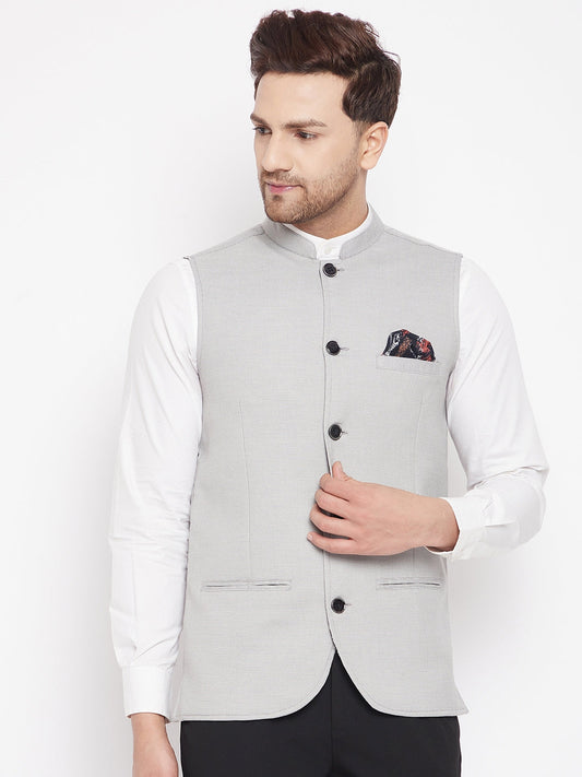 Men's Grey Color Nehru Jacket-Contrast Lining-Free Pocket Square