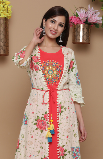 Women's Beige Rayon Embroidered Jacket Style Kurta