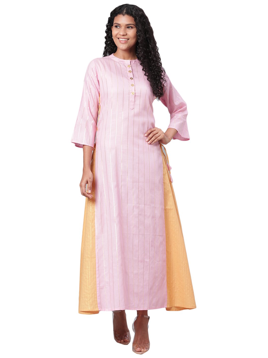 Women's Pink Solid 3/4 Sleeve Cotton Round Neck Dress