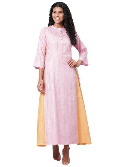 Women's Pink Solid 3/4 Sleeve Cotton Round Neck Dress