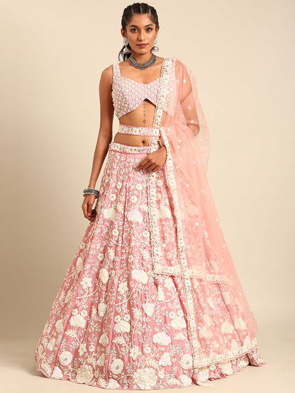 Women's Rose Gold Chinon Sequins And Zarkan Embroidery Lehenga Choli & Dupatta