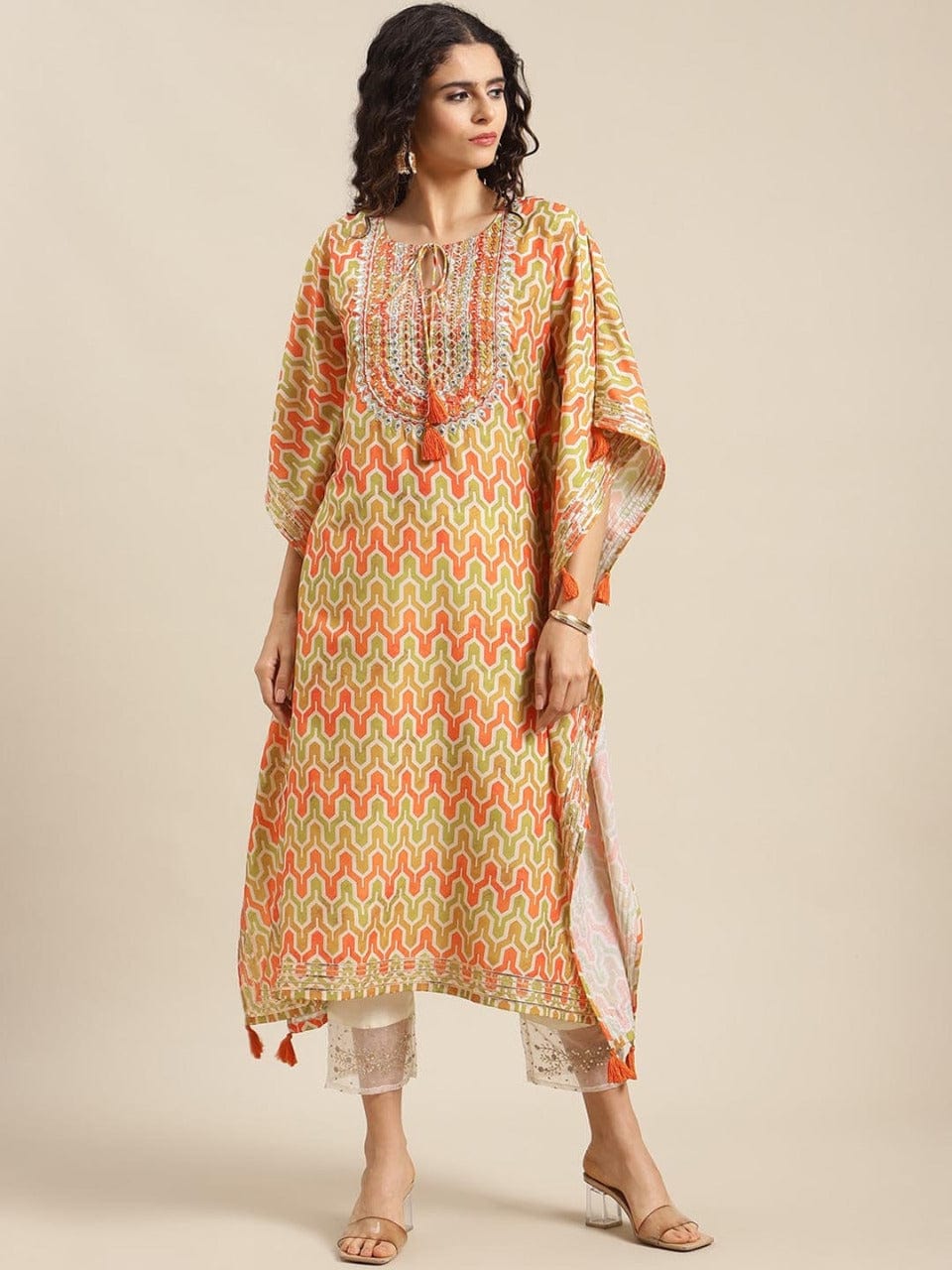 Women's Orange Ethnic Motifs Printed Flared Sleeves Kurta