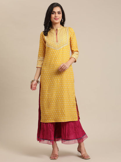 Women's Mustard Bandhej Printed Kurta With Pink Cord Pipen Detailing