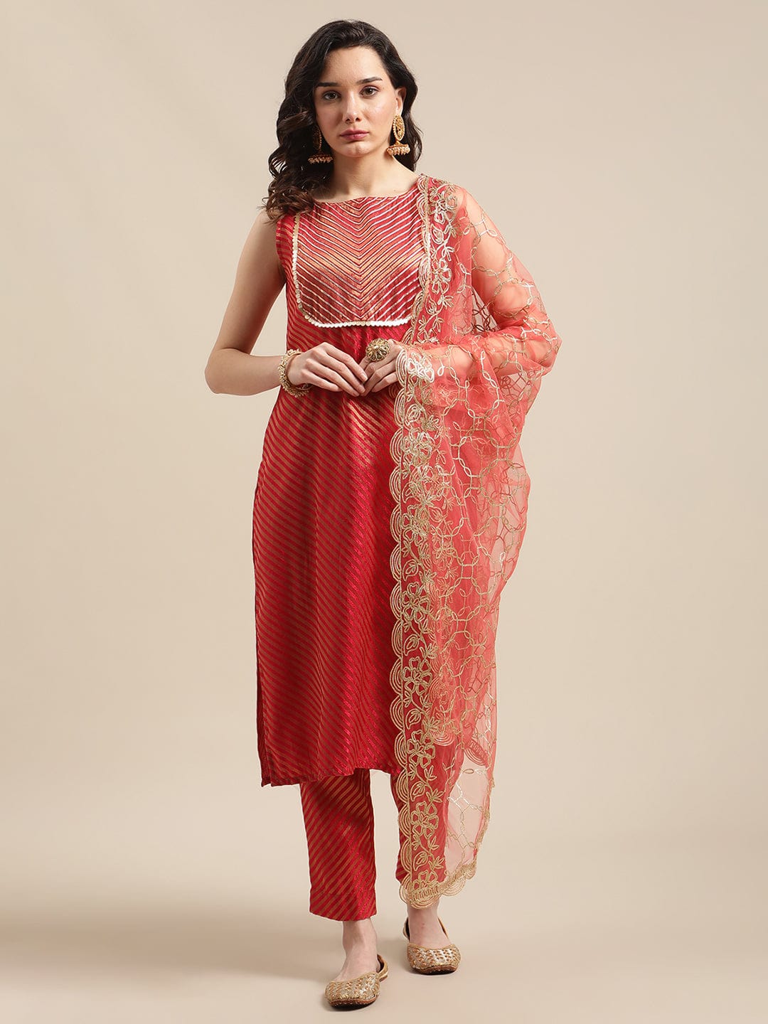Women's Red And Gold Brocade Gota Embellished Striped Kurta Set With Gota Work Net Dupatta